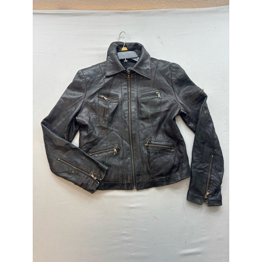 Guess Black Leather Moto Jacket Womens Medium Full Zip Multi Pocket Biker